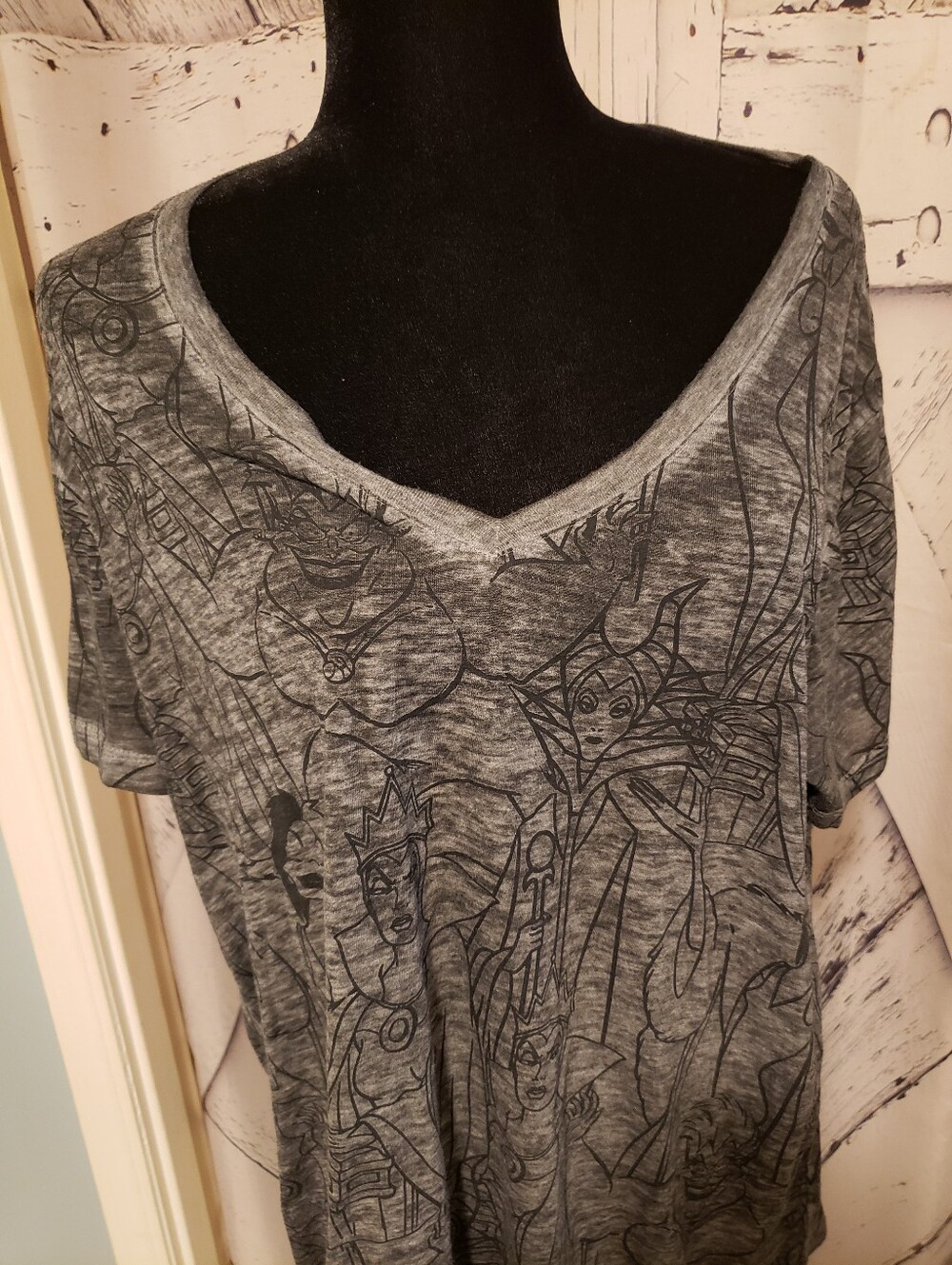Disney Gray V-Neck Short Sleeve Tee with Black Line Art